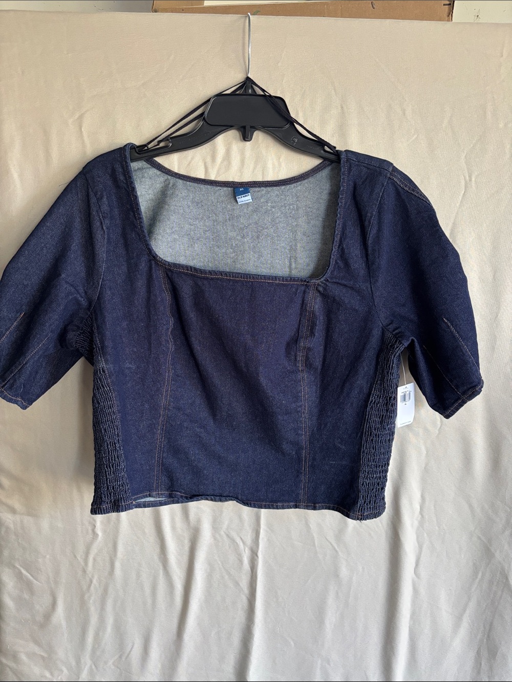 Square-Neck Dark Indigo Denim Crop Top with Smocked Sides